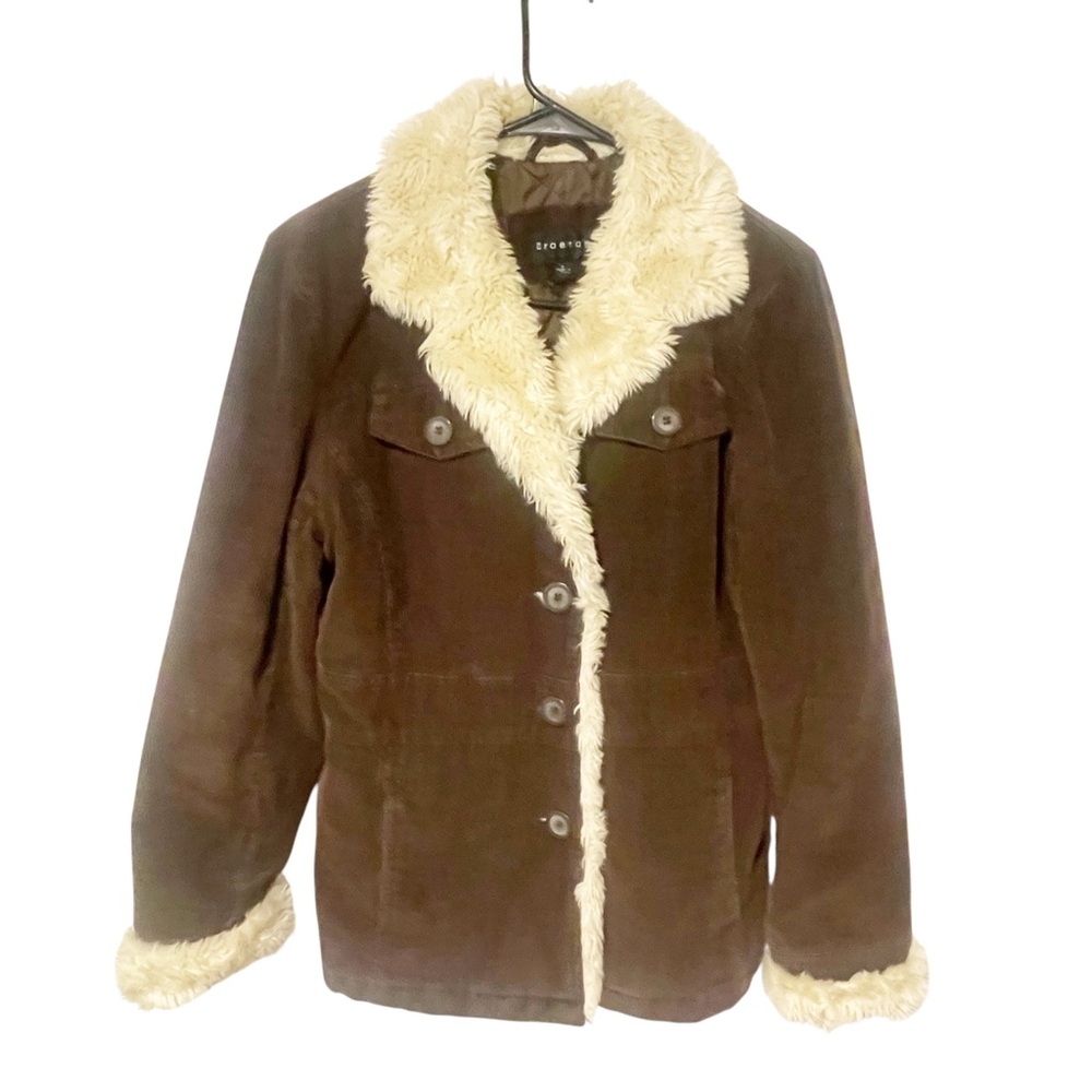 Braetan Chocolate Brown Corduroy Faux Fur Lined Pea Button Front‎ Coat Medium